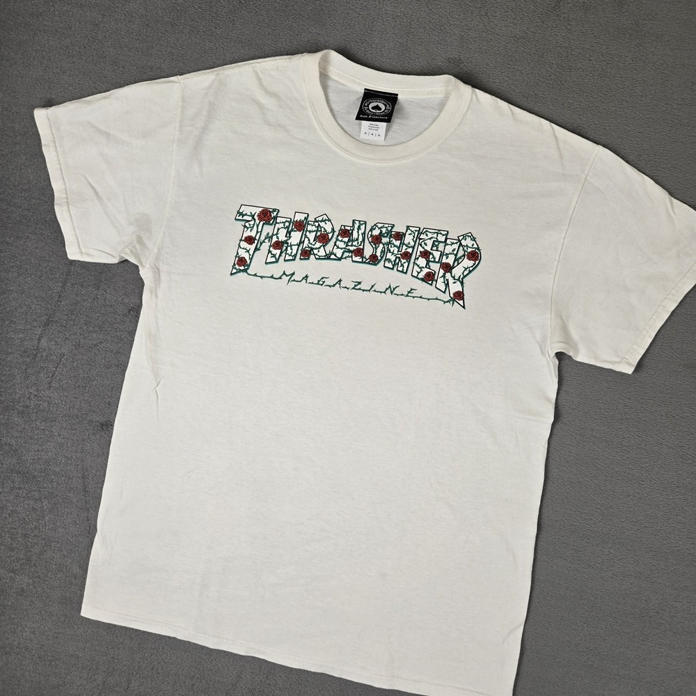 Thrasher Skateboard Magazine T-Shirt Mens Medium Crew Neck Rose Logo‎ Skater